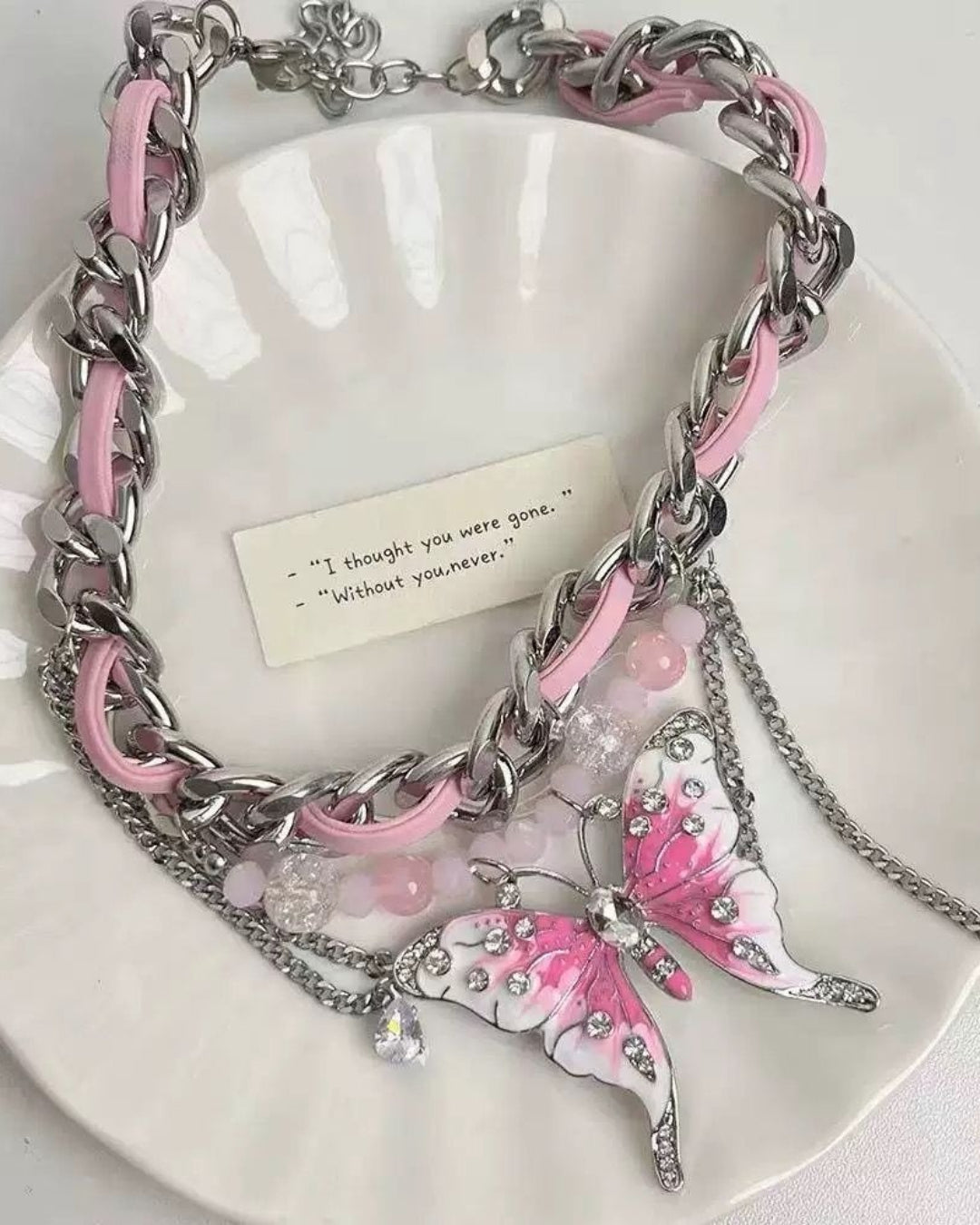 GyaruLab Pink Butterfly Chain Rhinestone Choker Y2K Gyaru Necklace