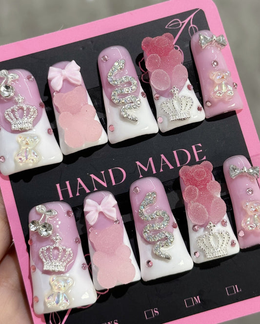 Gyarulab Princess Press-On Pink Bling 3D Nail Set