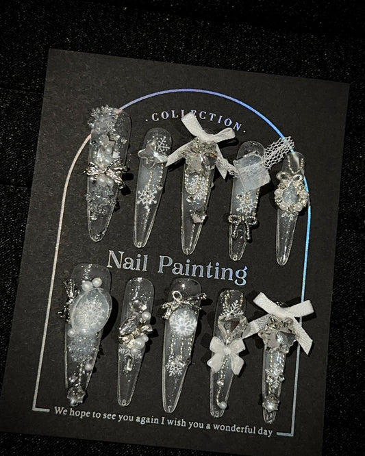 GyaruLab "Frost Angel" Lace & Silver Snow Nails - GyaruLab