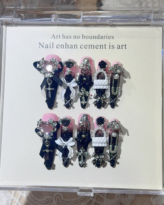 GyaruLab "Midnight Muse" Pearl & Ribbon Nails - GyaruLab