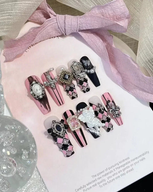 Rokku Gyaru Nail Ideas: Crosses, Gothic Charms & Black-Pink Details