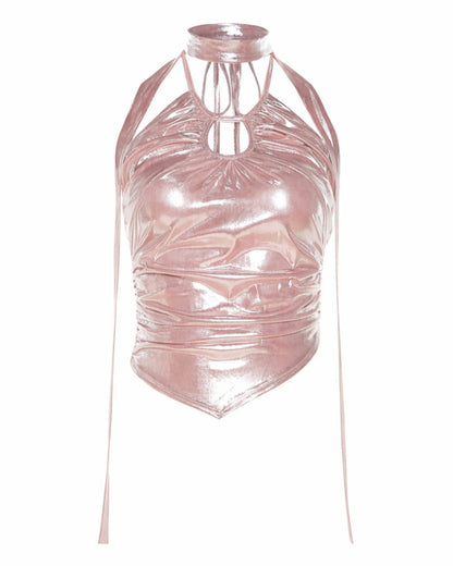 GyaruLab Metallic Liquid Gloss Halter Top - Pink & Silver