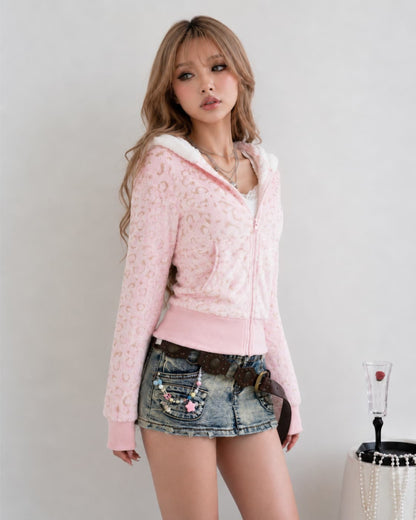 GyaruLab Pink Leopard Fuzzy Zip Hoodie
