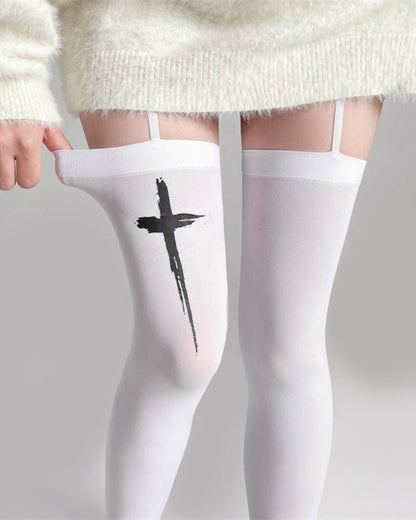 2 Pairs Gyarulab Cross Print Thigh High Socks - GyaruLab