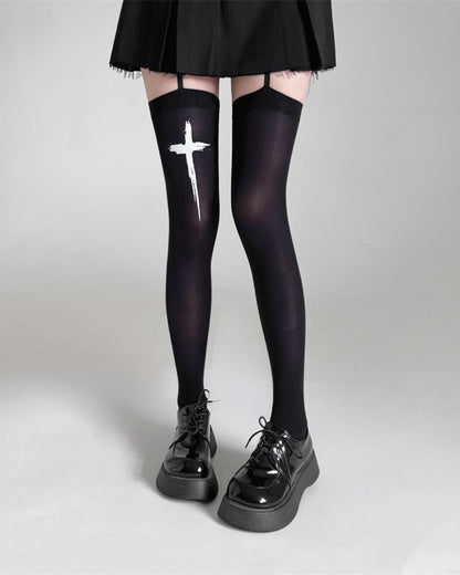2 Pairs Gyarulab Cross Print Thigh High Socks - GyaruLab
