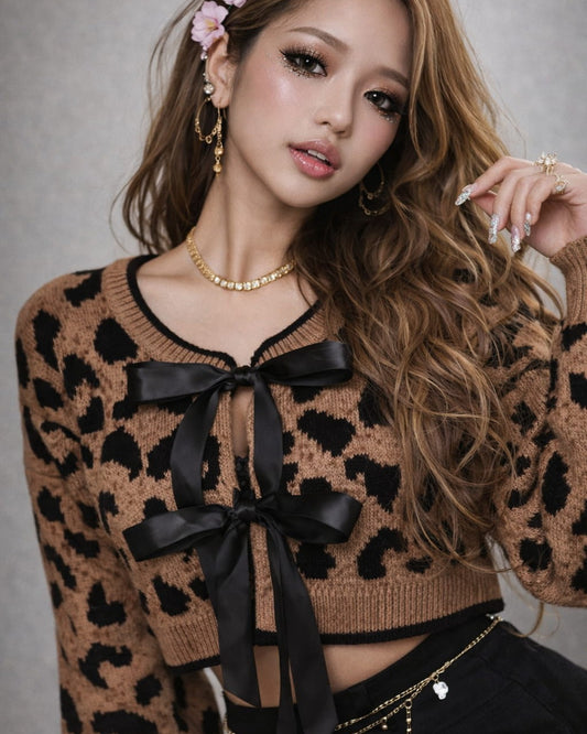 GyaruLab Amekaji Knitwear Y2K Shibuya Tie-Front Cropped Cardigan