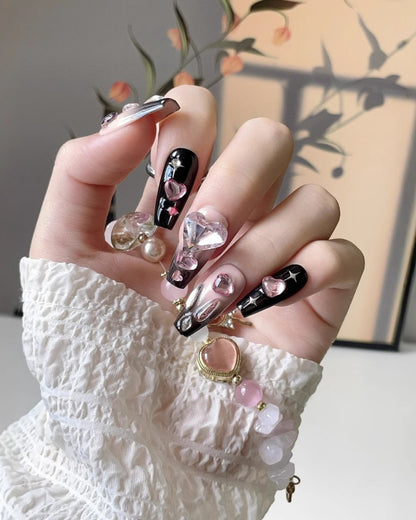 GyaruLab Crystal Heart Glam Press-On Nails