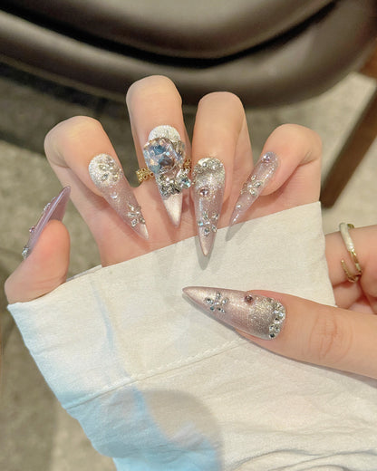 GyaruLab Y2K Leopard Crystal Bow Long Nail Set