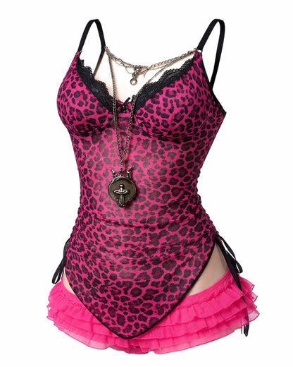 GyaruLab Sexy Lace Stitching Top Gothic Leopard Mesh Cami