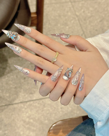 GyaruLab Y2K Leopard Crystal Bow Long Nail Set