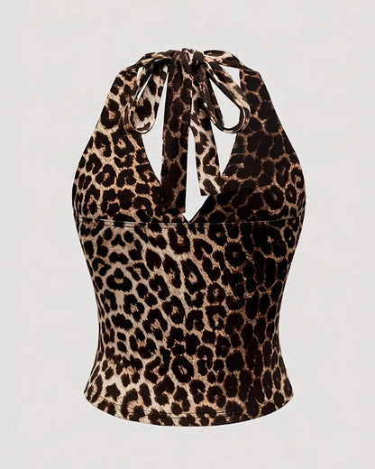GyaruLab Y2K Leopard Star Bow Halter Crop Top