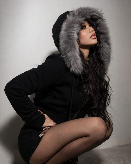 GyaruLab Amekaji Faux Fur Trim Hooded Zip-Up Hoodie