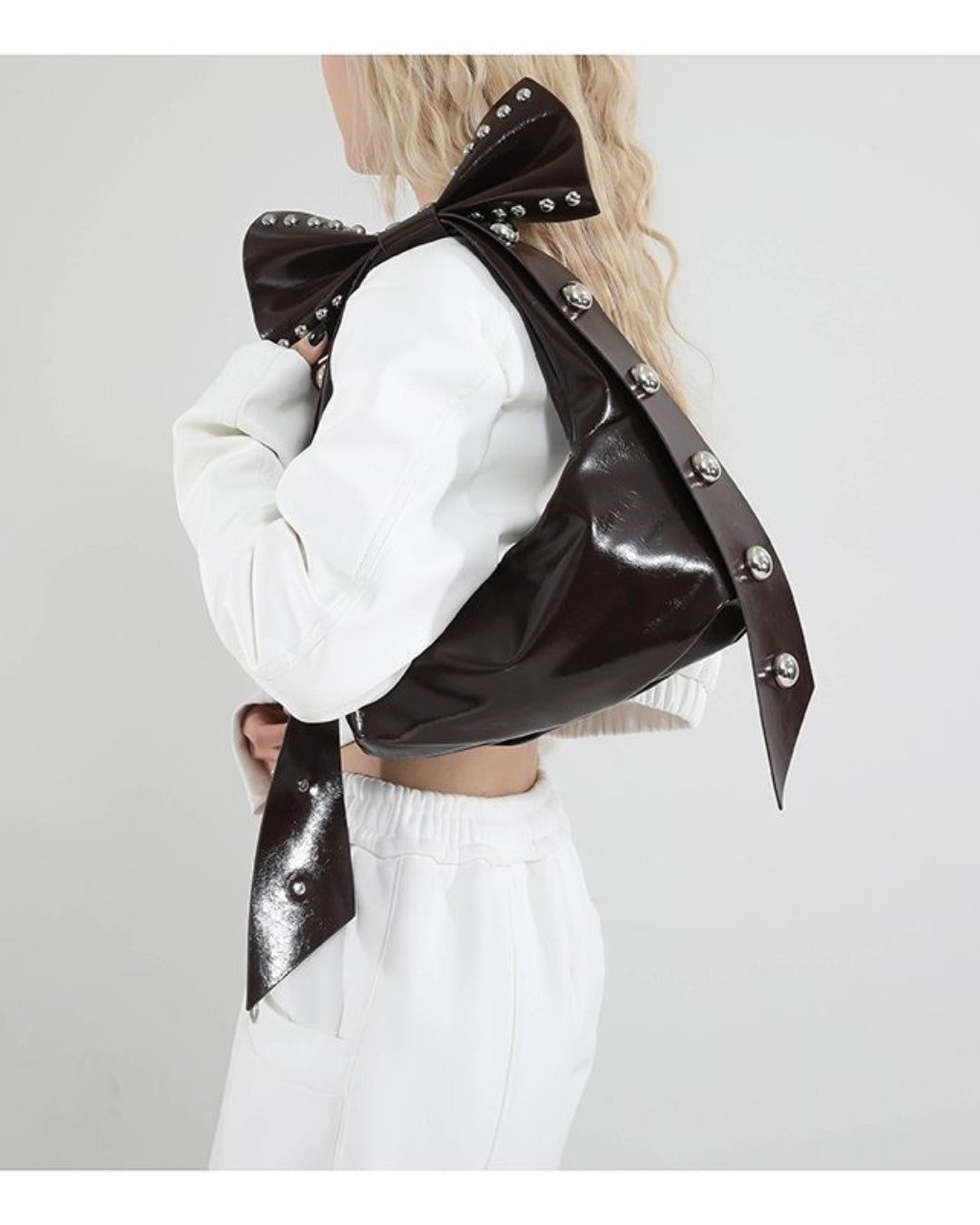 GyaruLab Patent Bow Studded Shoulder Bag