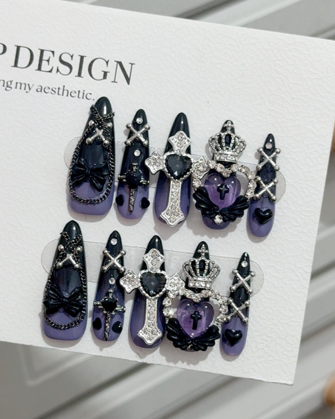 GyaruLab Purple Gothic Crown Cross Rhinestone Nail