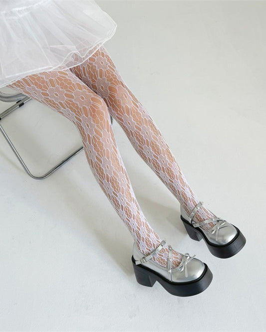 GyaruLab Lace Fishnet Tights – Y2K Floral Sheer Gyaru Stockings