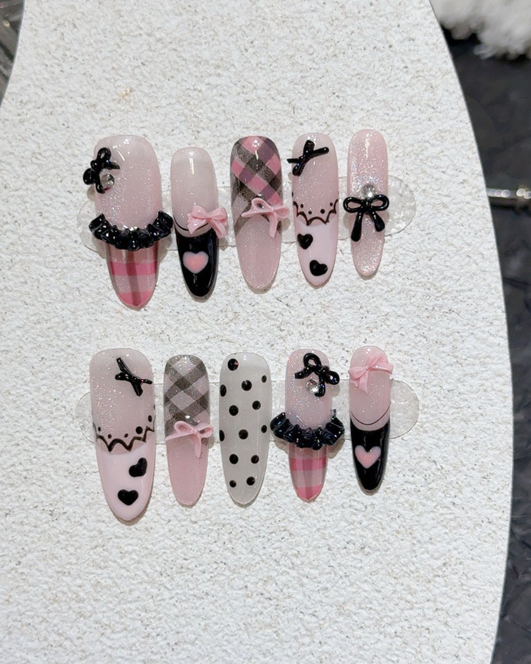 GyaruLab Pink Plaid Bow Press-On Nails