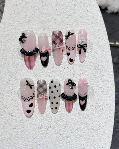 GyaruLab Pink Plaid Bow Press-On Nails