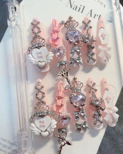 GyaruLab Pink Kawaii Kitty Crystal Press On Nail