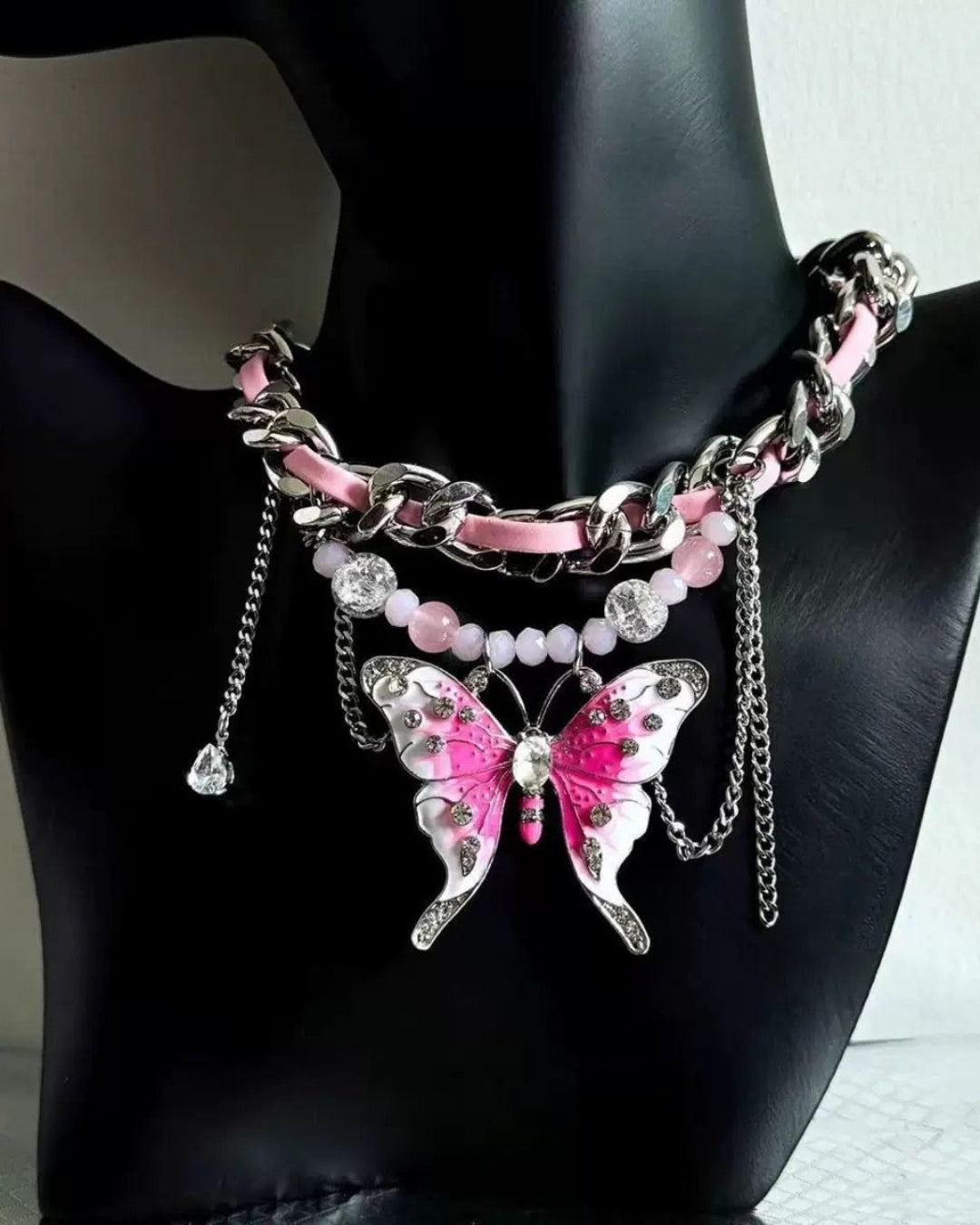 GyaruLab Pink Butterfly Chain Rhinestone Choker Y2K Gyaru Necklace