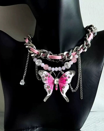 GyaruLab Pink Butterfly Chain Rhinestone Choker Y2K Gyaru Necklace