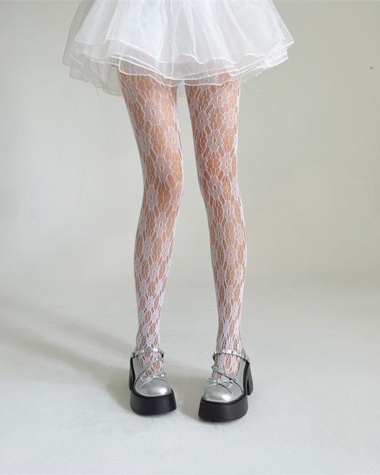 GyaruLab Lace Fishnet Tights – Y2K Floral Sheer Gyaru Stockings