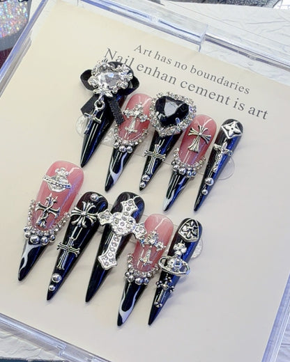 GyaruLab Gothic Cross Chrome Press On Nails