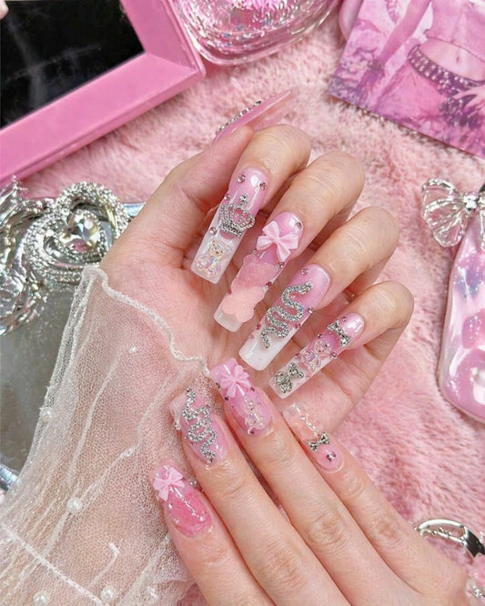 Gyarulab Princess Press-On Pink Bling 3D Nail Set