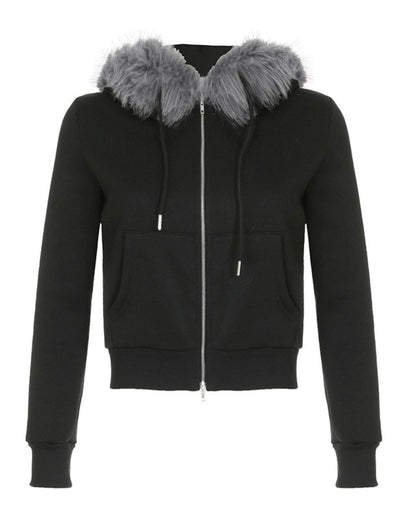 GyaruLab Amekaji Faux Fur Trim Hooded Zip - Up Hoodie - GyaruLab