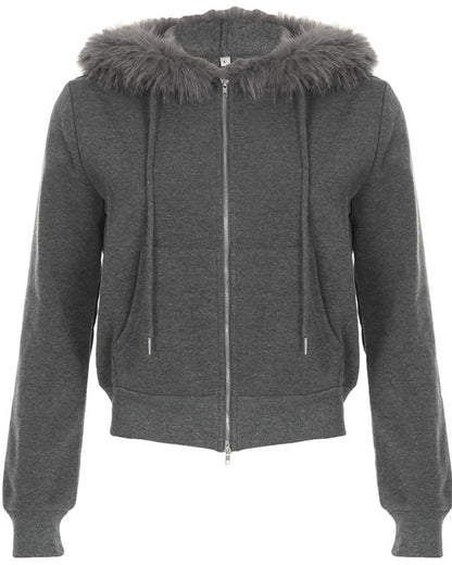 GyaruLab Amekaji Faux Fur Trim Hooded Zip - Up Hoodie - GyaruLab