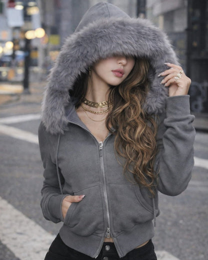 GyaruLab Amekaji Faux Fur Trim Hooded Zip - Up Hoodie - GyaruLab