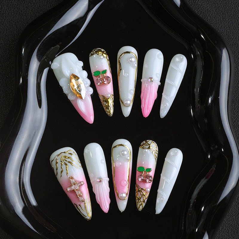 GyaruLab Cherry Pearl Shell Press-On Nails - GyaruLab