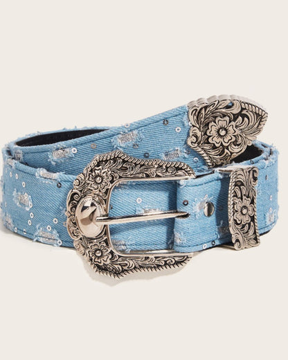 GyaruLab Denim Western Floral Buckle Belt - GyaruLab