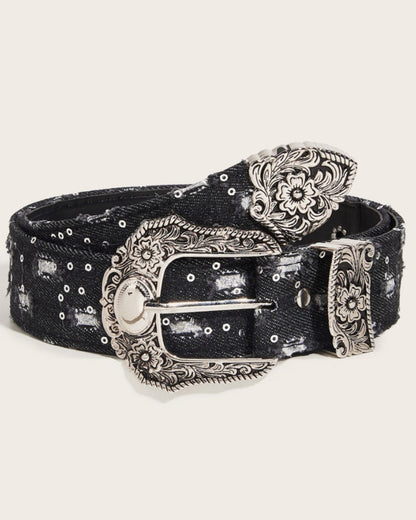 GyaruLab Denim Western Floral Buckle Belt - GyaruLab