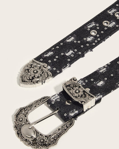 GyaruLab Denim Western Floral Buckle Belt - GyaruLab
