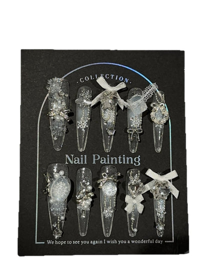 GyaruLab "Frost Angel" Lace & Silver Snow Nails - GyaruLab