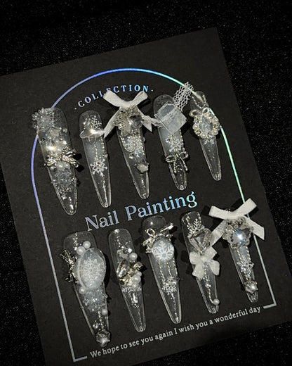 GyaruLab "Frost Angel" Lace & Silver Snow Nails - GyaruLab
