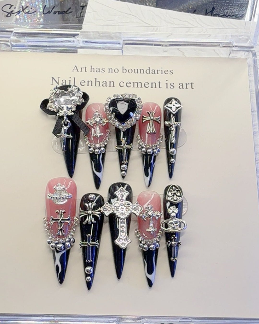 GyaruLab Gothic Cross Chrome Press On Nails - GyaruLab