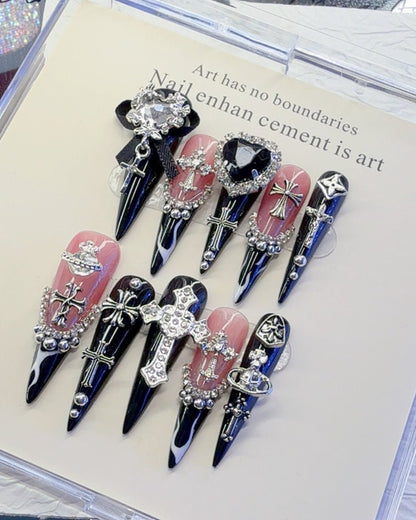 GyaruLab Gothic Cross Chrome Press On Nails - GyaruLab