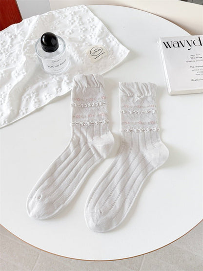 GyaruLab Lace Bow Floral Socks – Soft Girl Gyaru Mid - Calf - GyaruLab