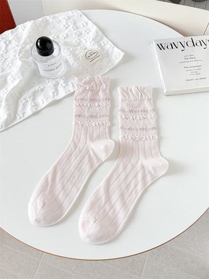 GyaruLab Lace Bow Floral Socks – Soft Girl Gyaru Mid - Calf - GyaruLab