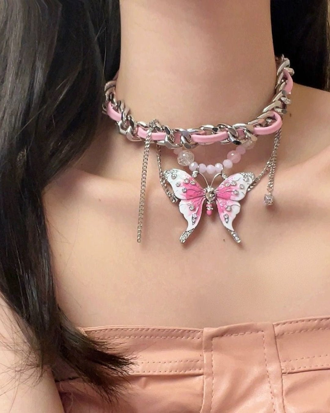 GyaruLab Pink Butterfly Chain Rhinestone Choker Y2K Gyaru Necklace - GyaruLab