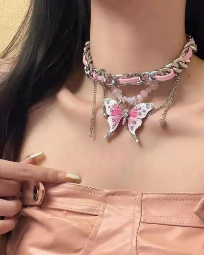 GyaruLab Pink Butterfly Chain Rhinestone Choker Y2K Gyaru Necklace - GyaruLab