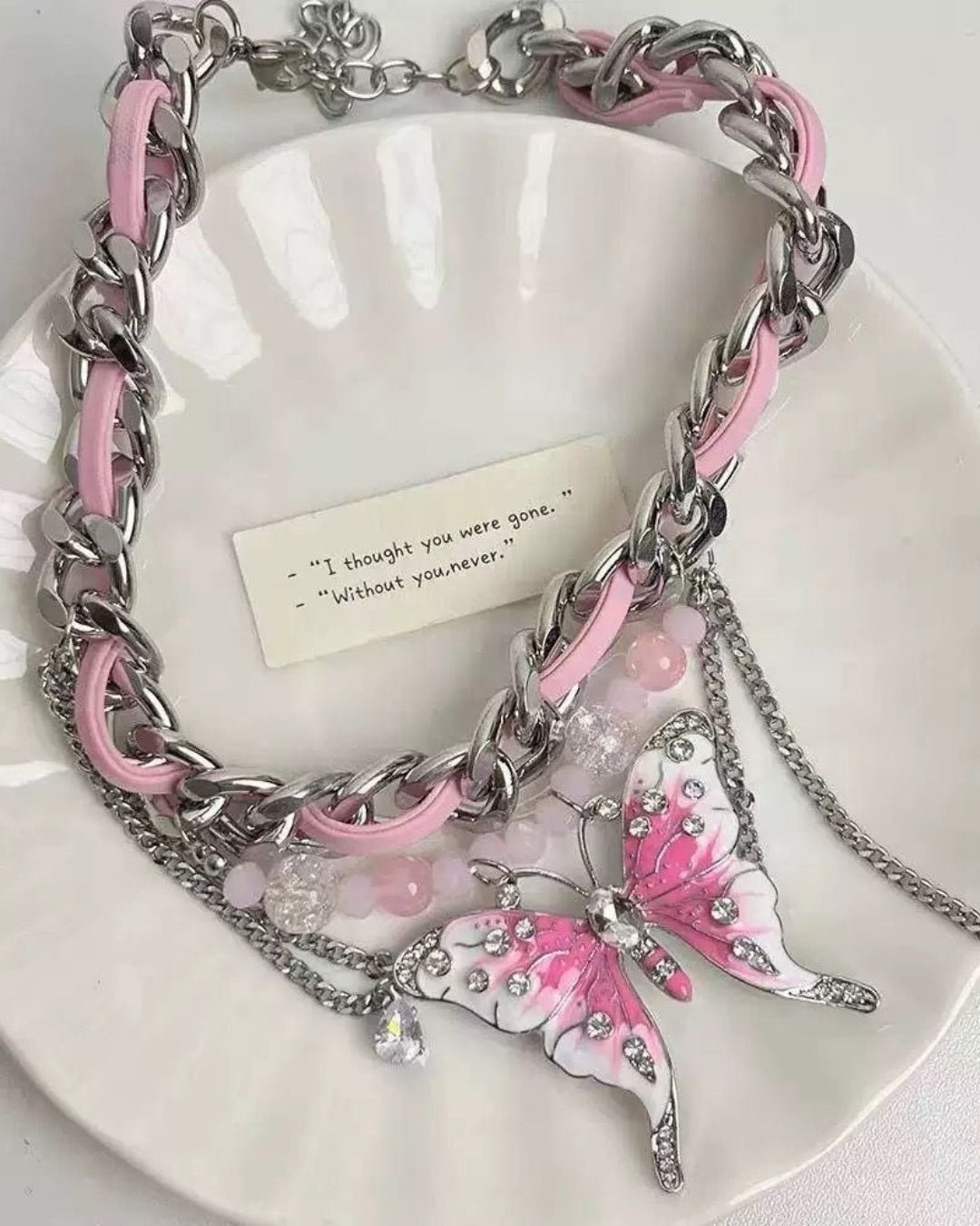 GyaruLab Pink Butterfly Chain Rhinestone Choker Y2K Gyaru Necklace - GyaruLab