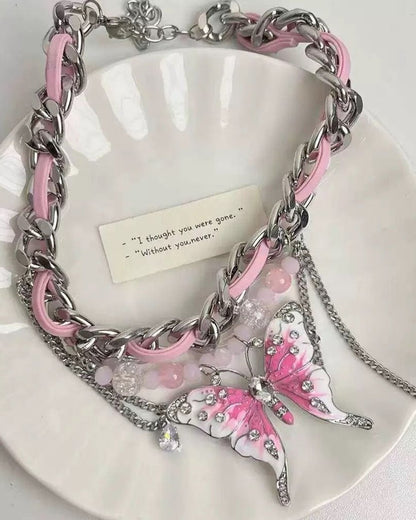 GyaruLab Pink Butterfly Chain Rhinestone Choker Y2K Gyaru Necklace - GyaruLab