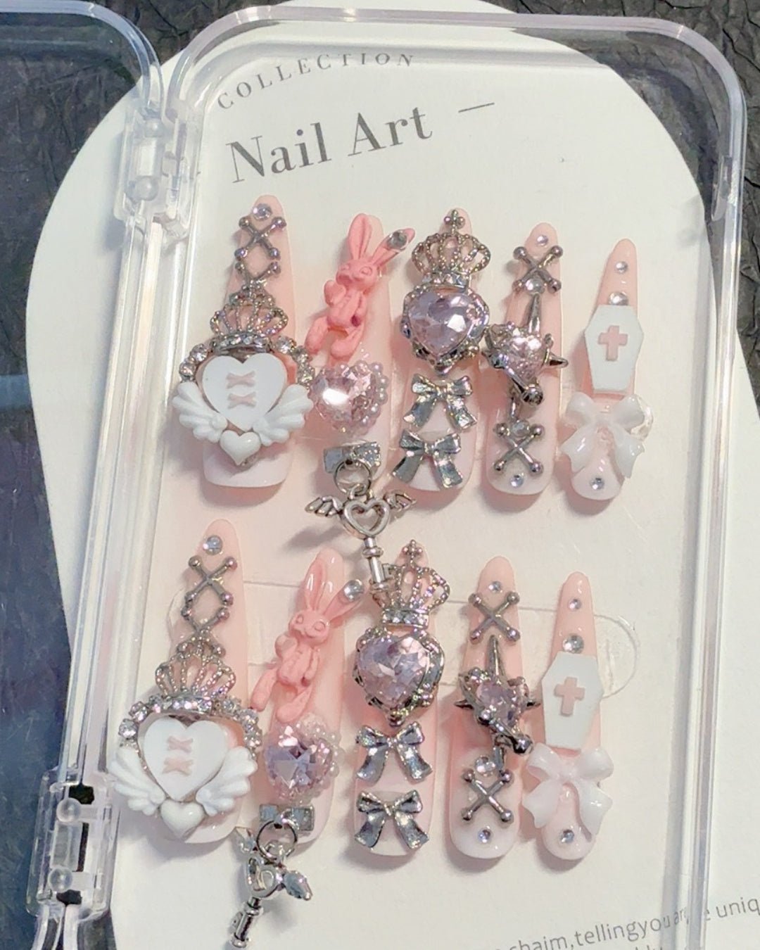GyaruLab Pink Kawaii Kitty Crystal Press On Nail - GyaruLab