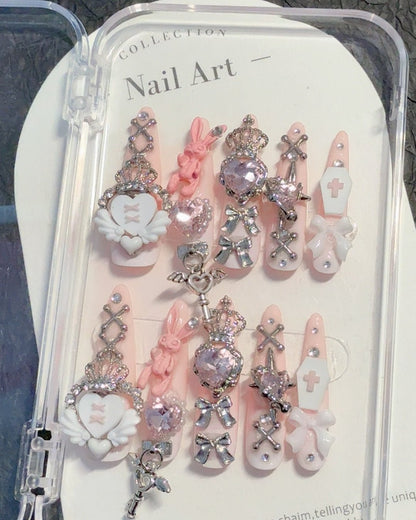 GyaruLab Pink Kawaii Kitty Crystal Press On Nail - GyaruLab
