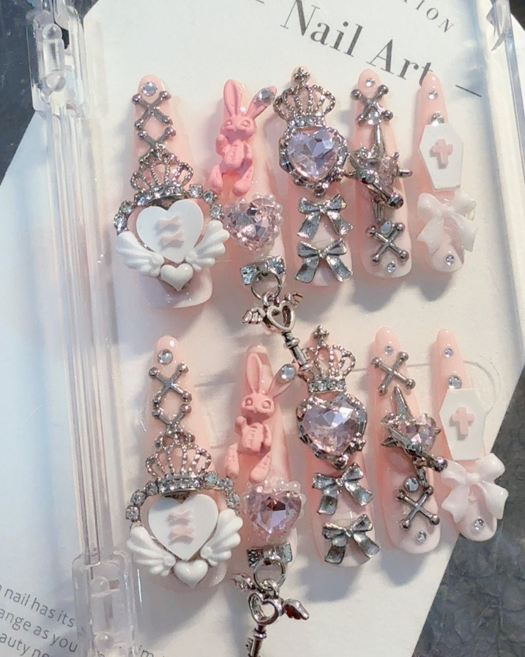 GyaruLab Pink Kawaii Kitty Crystal Press On Nail - GyaruLab