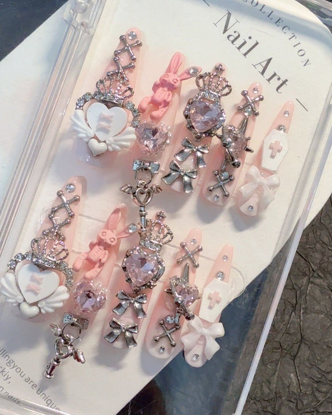 GyaruLab Pink Kawaii Kitty Crystal Press On Nail - GyaruLab