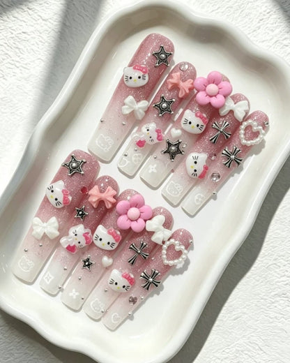 GyaruLab Pink Kitty Bow Press-On Nails - GyaruLab