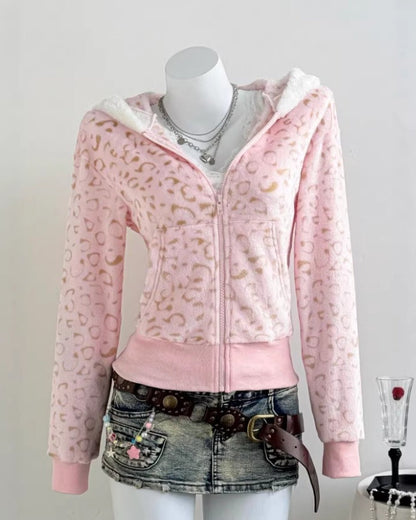 GyaruLab Pink Leopard Fuzzy Zip Hoodie - GyaruLab